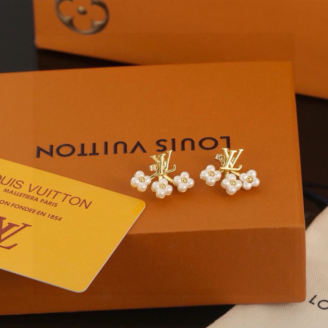 Louis Vuitton Gold Tone Pearl Flower Stud Earrings